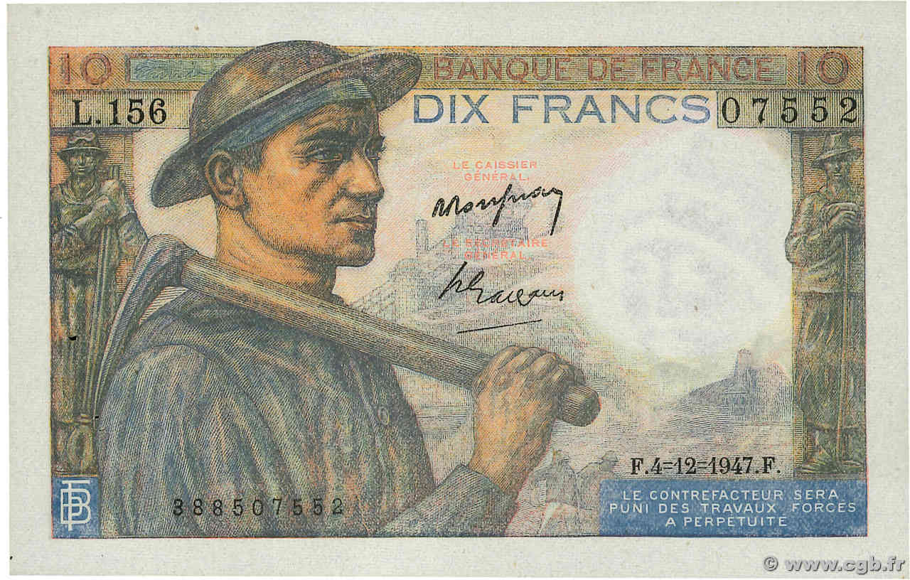 10 Francs MINEUR FRANCE  1947 F.08.19 AU-