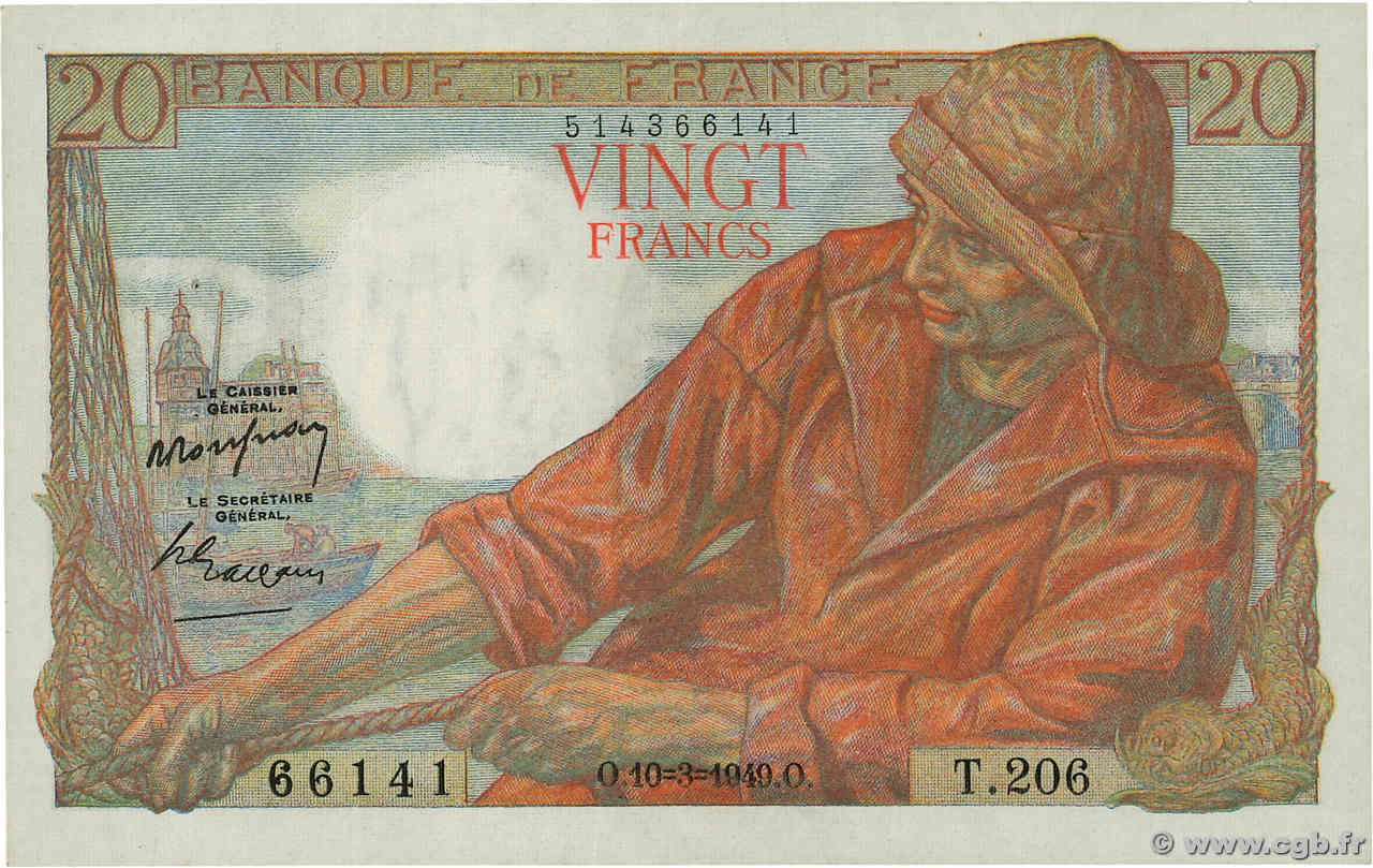 20 Francs PÊCHEUR FRANKREICH  1949 F.13.14 VZ+