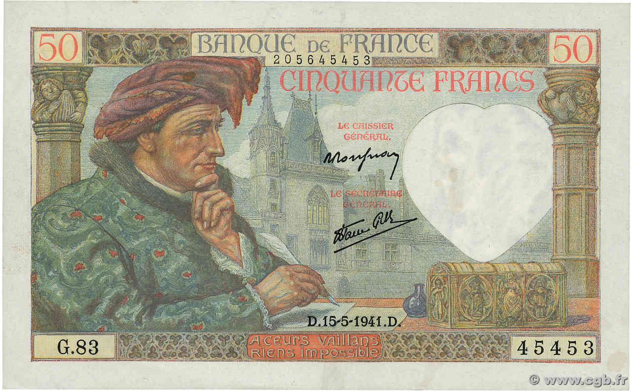 50 Francs JACQUES CŒUR FRANKREICH  1941 F.19.11 fVZ