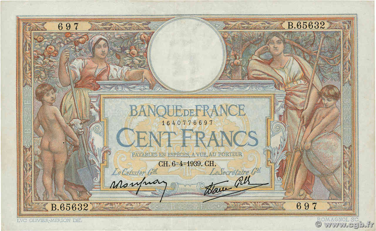 100 Francs LUC OLIVIER MERSON type modifié FRANCE  1939 F.25.45 VF