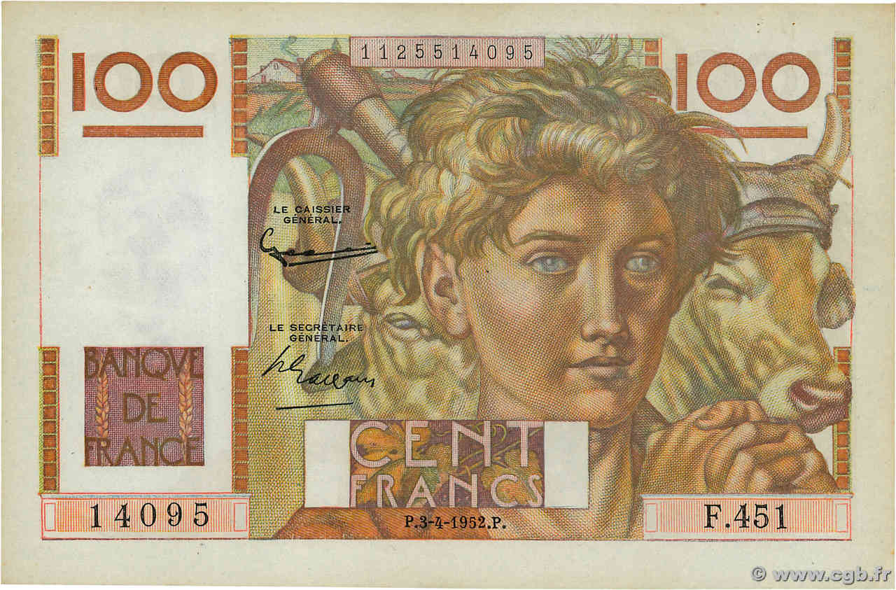 100 Francs JEUNE PAYSAN FRANCIA  1952 F.28.32 EBC