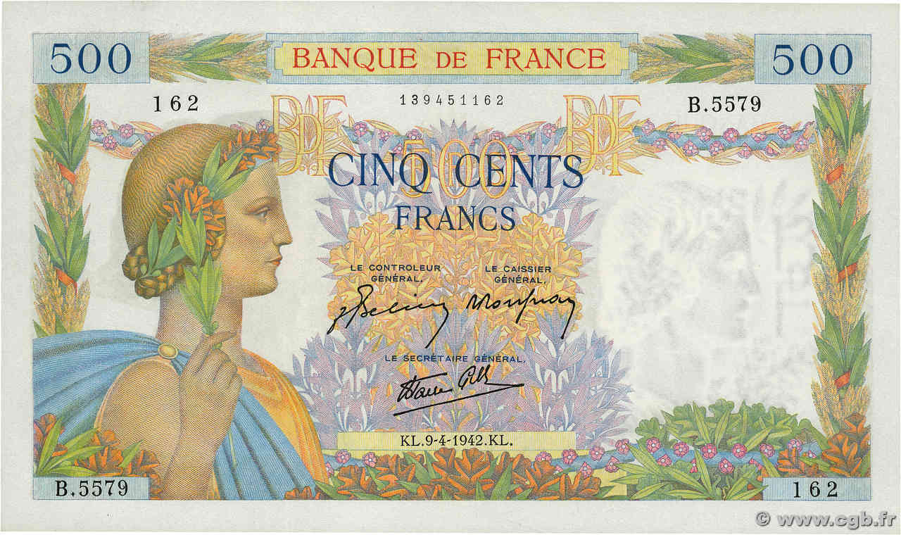 500 Francs LA PAIX FRANCE  1942 F.32.34 pr.NEUF