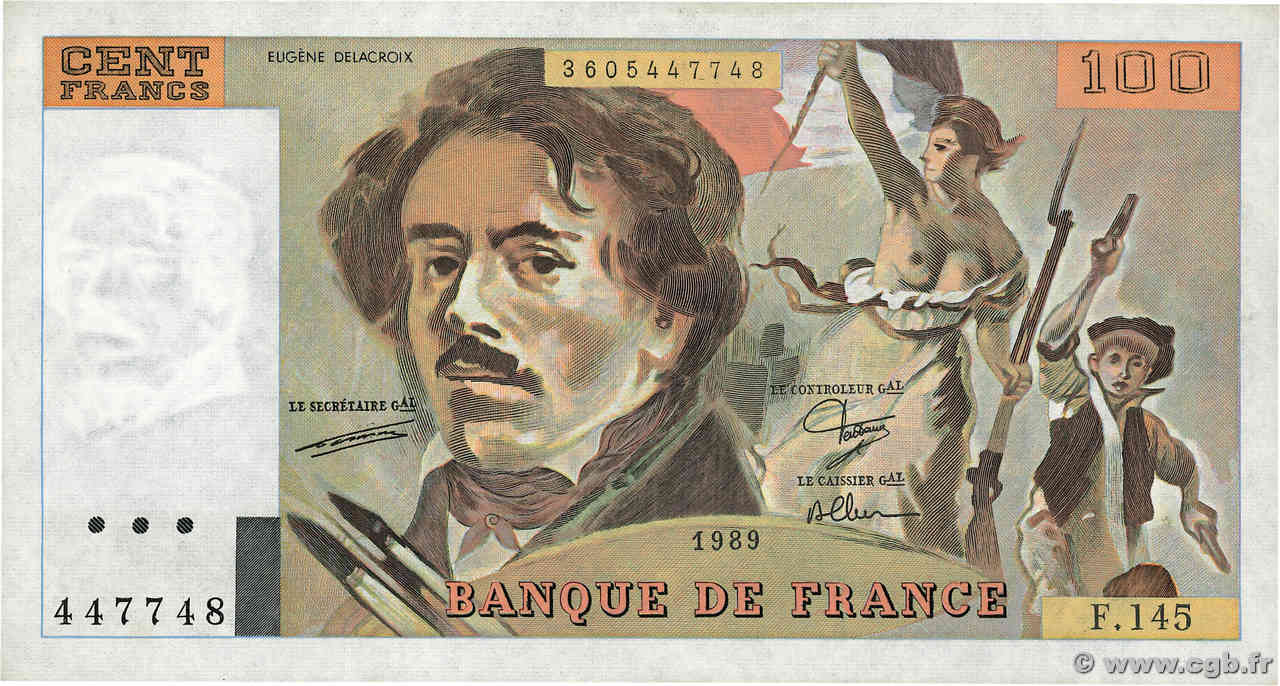 100 Francs DELACROIX modifié FRANCE  1989 F.69.13c XF