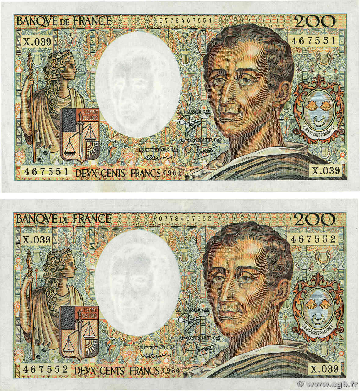 200 Francs MONTESQUIEU Consécutifs FRANCE  1986 F.70.06 XF-