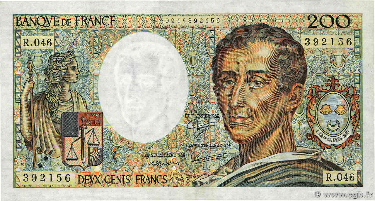 200 Francs MONTESQUIEU FRANCE  1987 F.70.07 TTB