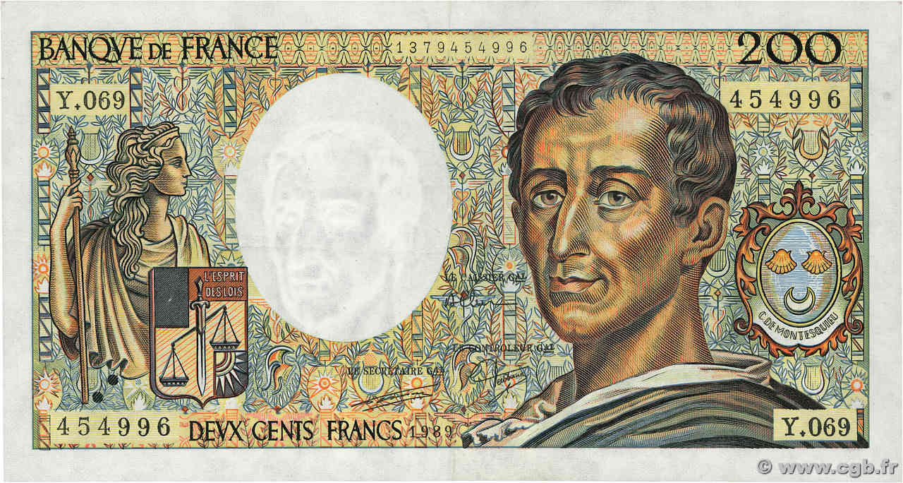 200 Francs MONTESQUIEU FRANCE  1989 F.70.09 XF