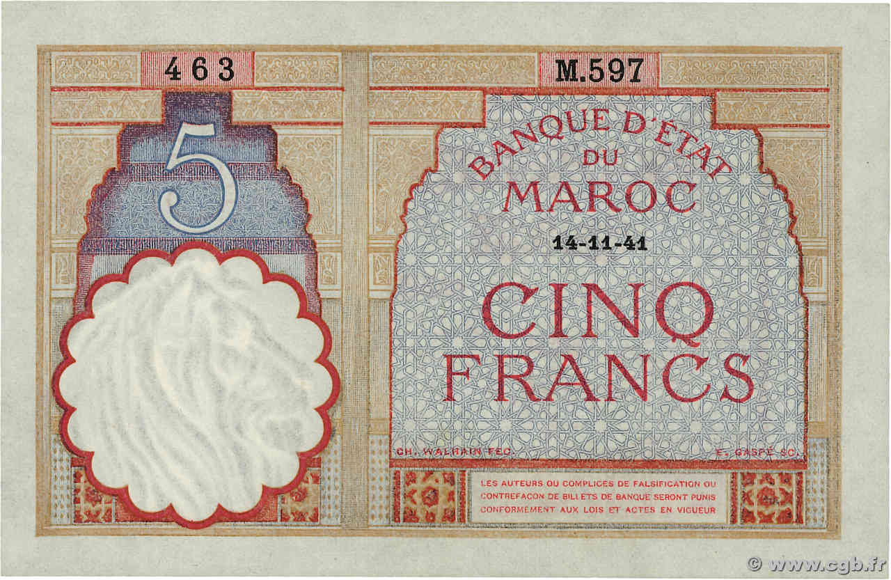 5 Francs MAROC  1941 P.23Ab SPL