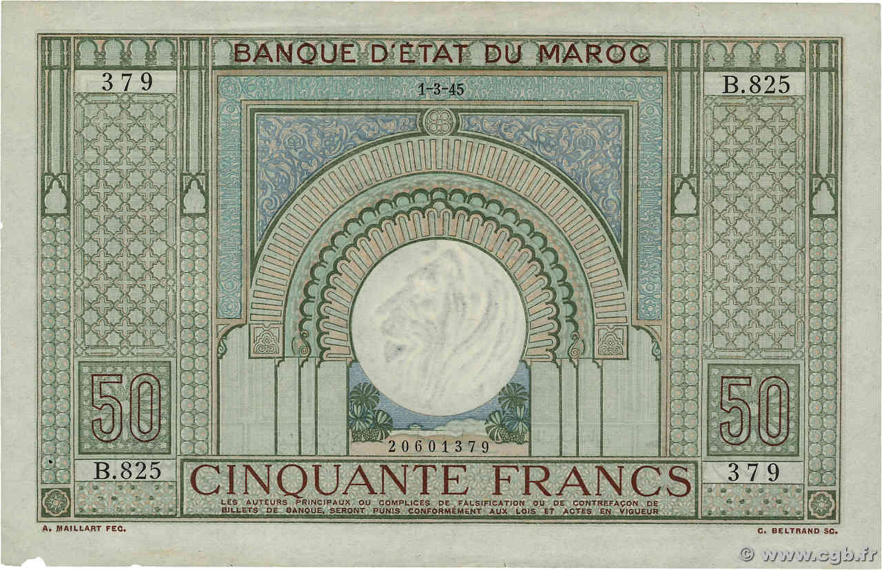 50 Francs MAROC  1945 P.21 TTB