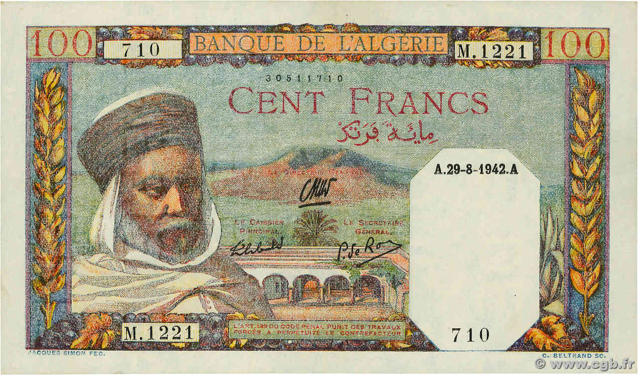 100 Francs ALGÉRIE  1942 P.088 pr.SUP