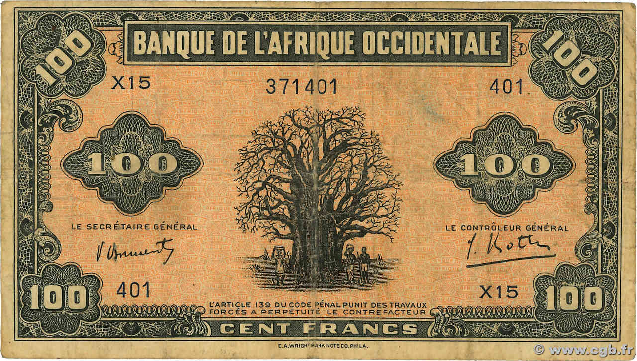 100 Francs FRENCH WEST AFRICA  1942 P.31a VG