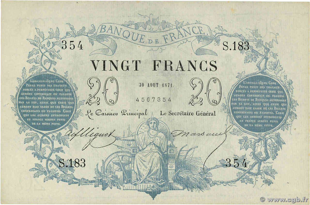 20 Francs type 1871 - Bleu FRANCE  1871 F.A46.02 UNC-