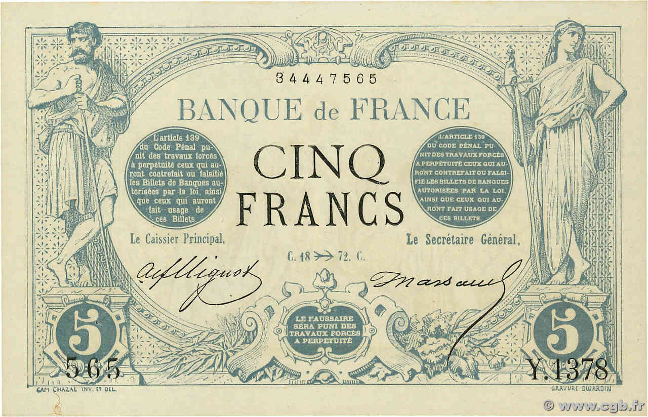 5 Francs NOIR FRANCE  1872 F.01.12 SPL