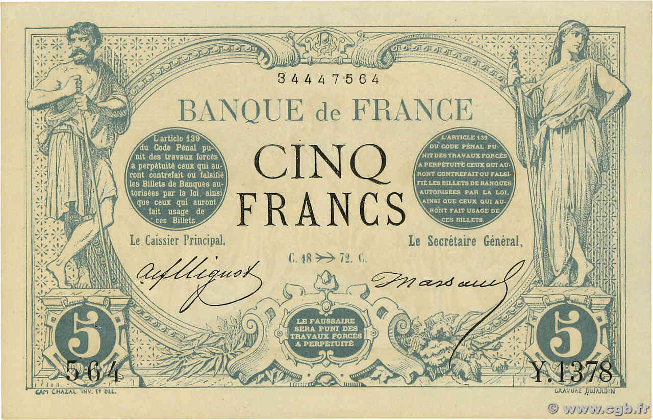 5 Francs NOIR FRANKREICH  1872 F.01.12 fST