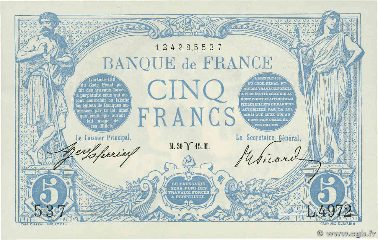 5 Francs BLEU FRANCIA  1915 F.02.25 q.FDC