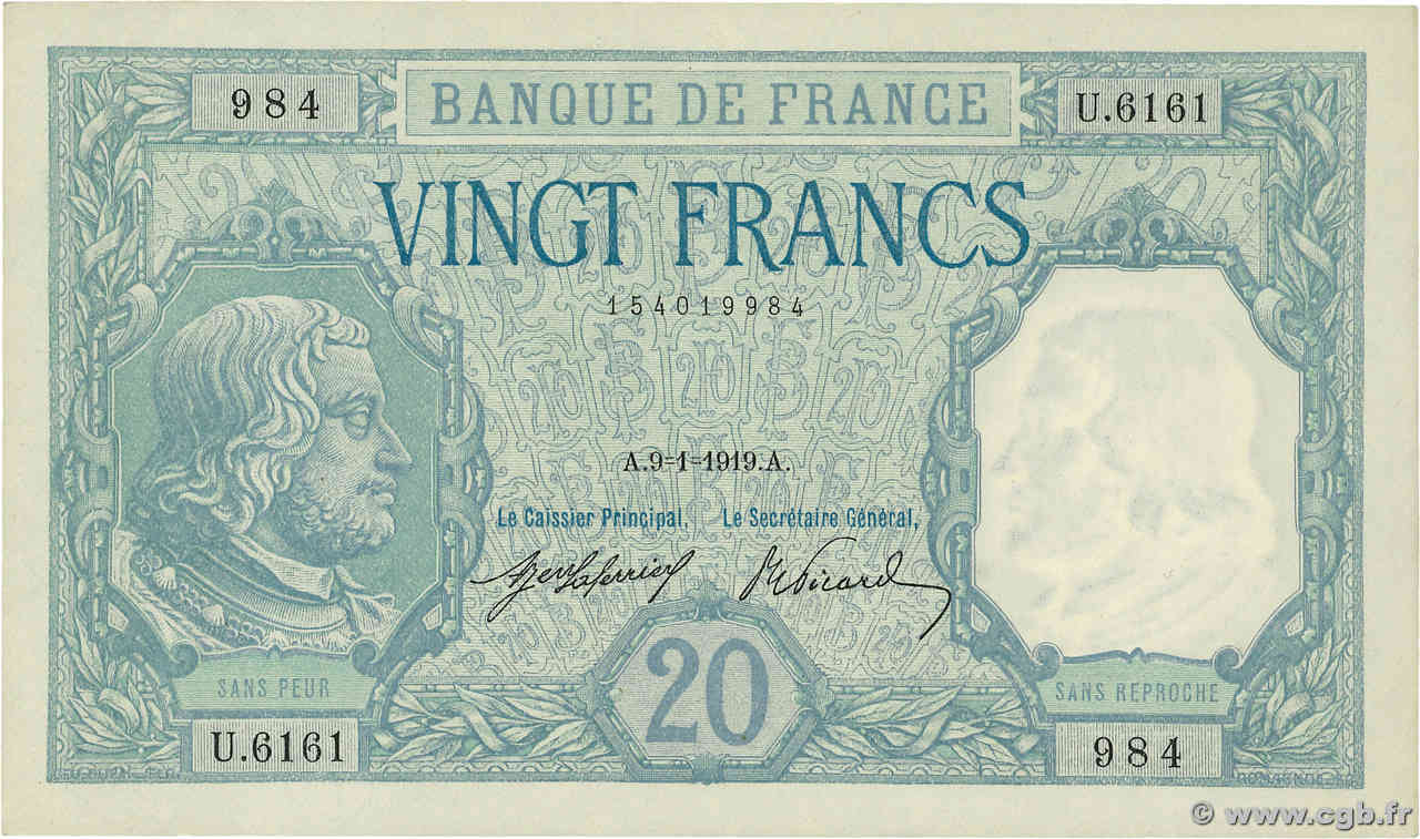 20 Francs BAYARD FRANCE  1919 F.11.04 AU+