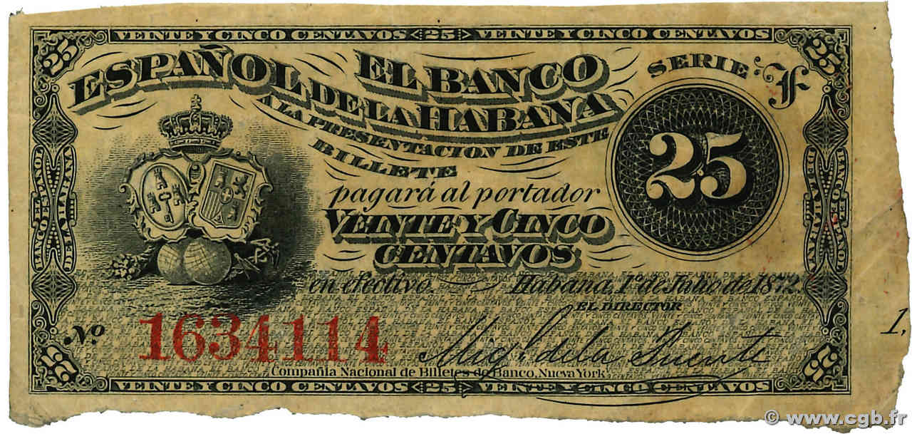 25 Centavos CUBA  1872 P.031a BC+