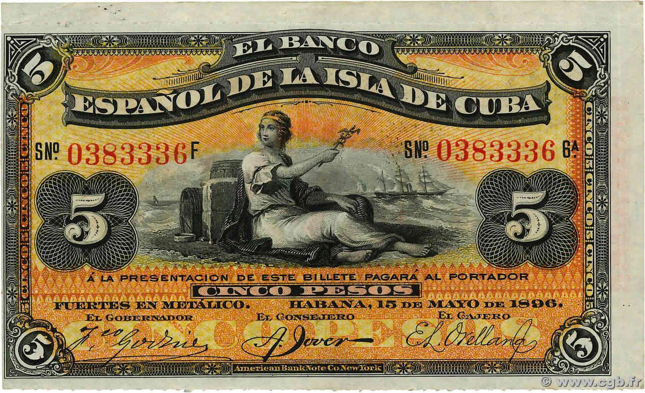 5 Pesos CUBA  1896 P.048b SPL