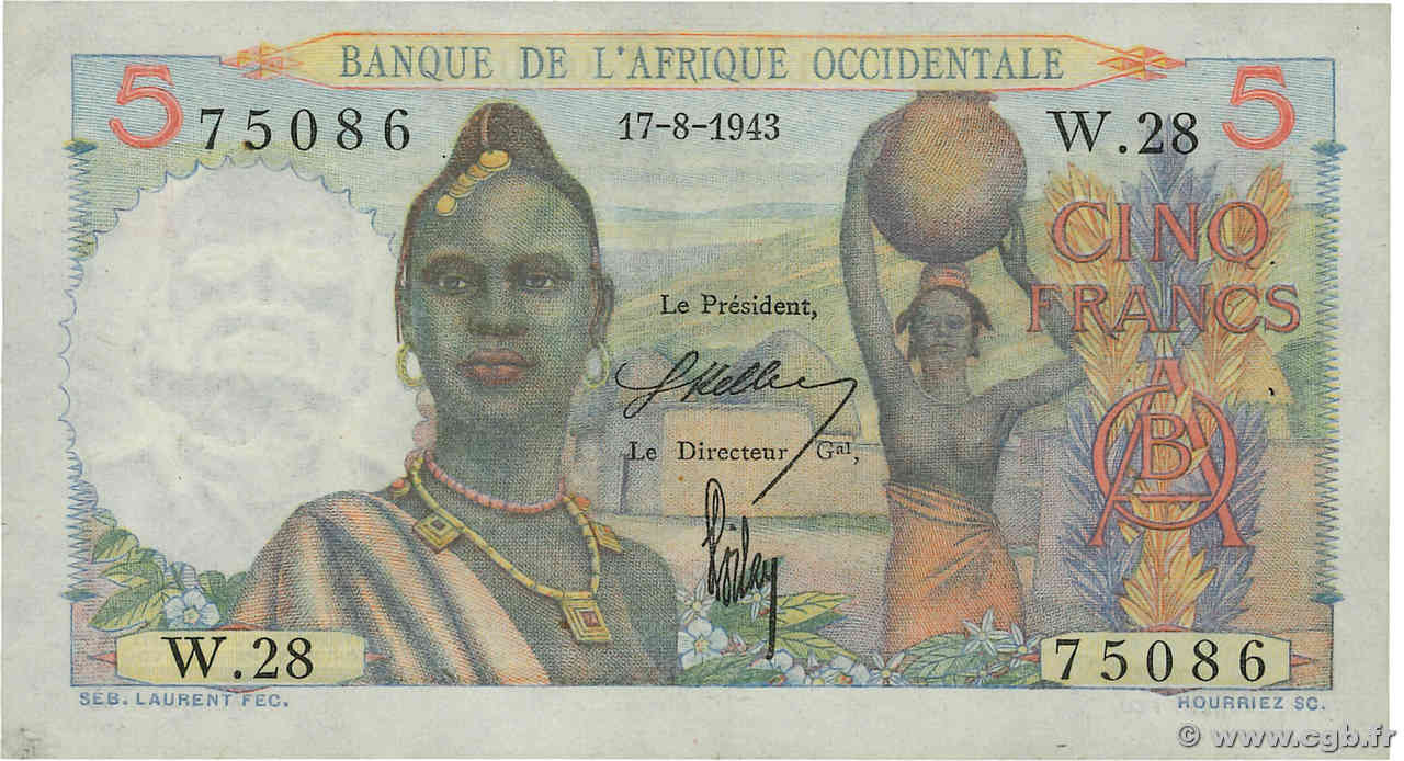 5 Francs FRENCH WEST AFRICA  1943 P.36 VF+