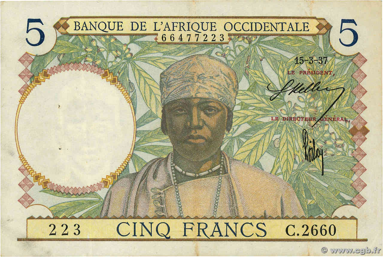 5 Francs FRENCH WEST AFRICA  1937 P.21 fVZ