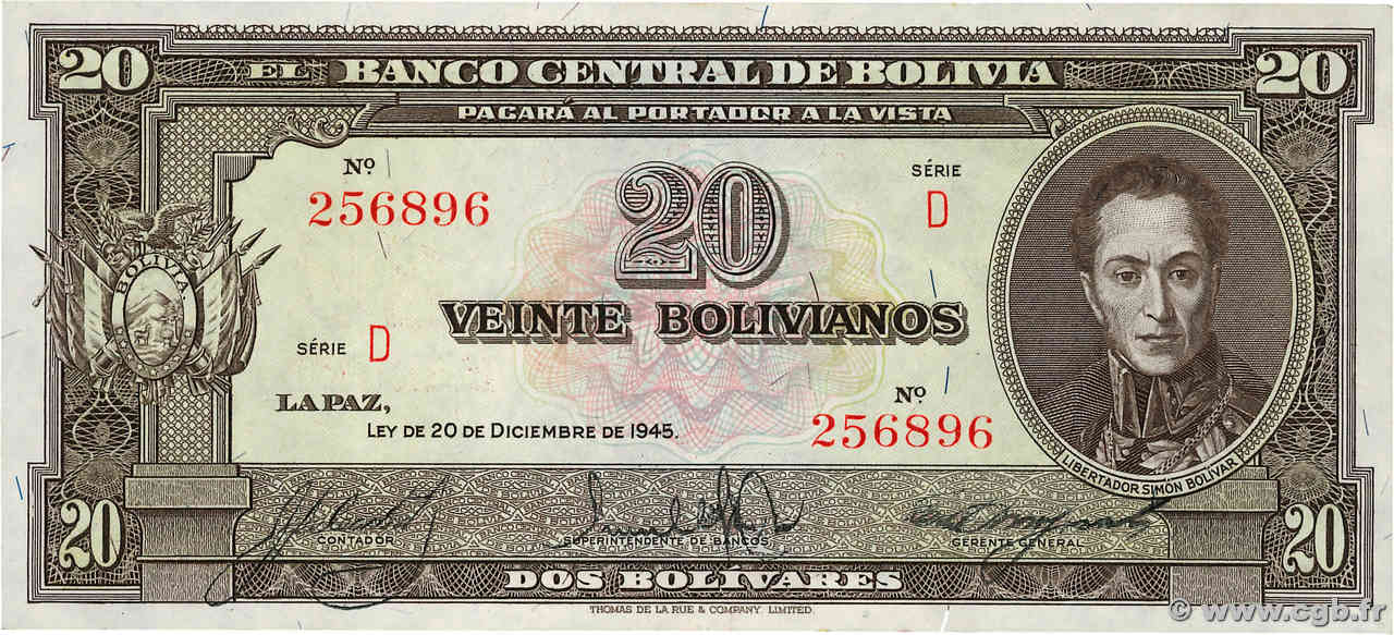 20 Bolivianos BOLIVIE  1945 P.140a SPL