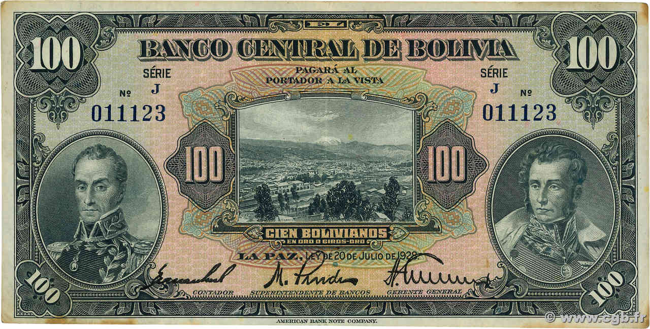 100 Bolivianos BOLIVIA  1928 P.125a MBC