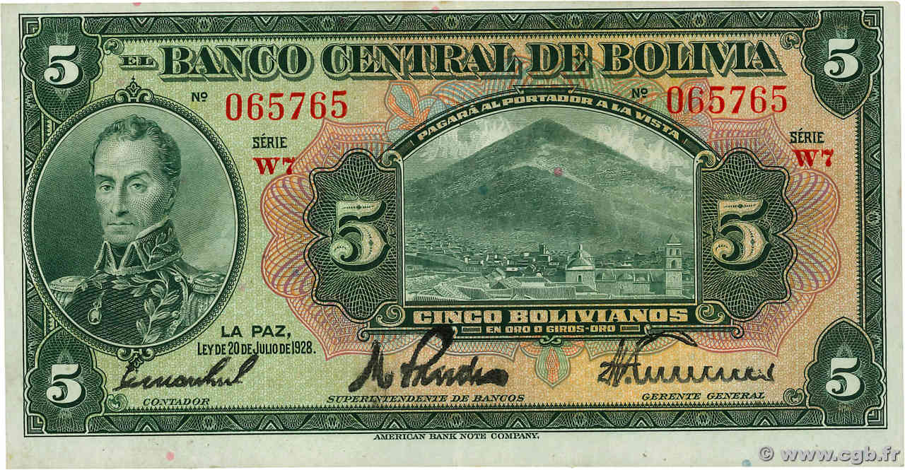 5 Bolivianos BOLIVIA  1928 P.120a UNC-