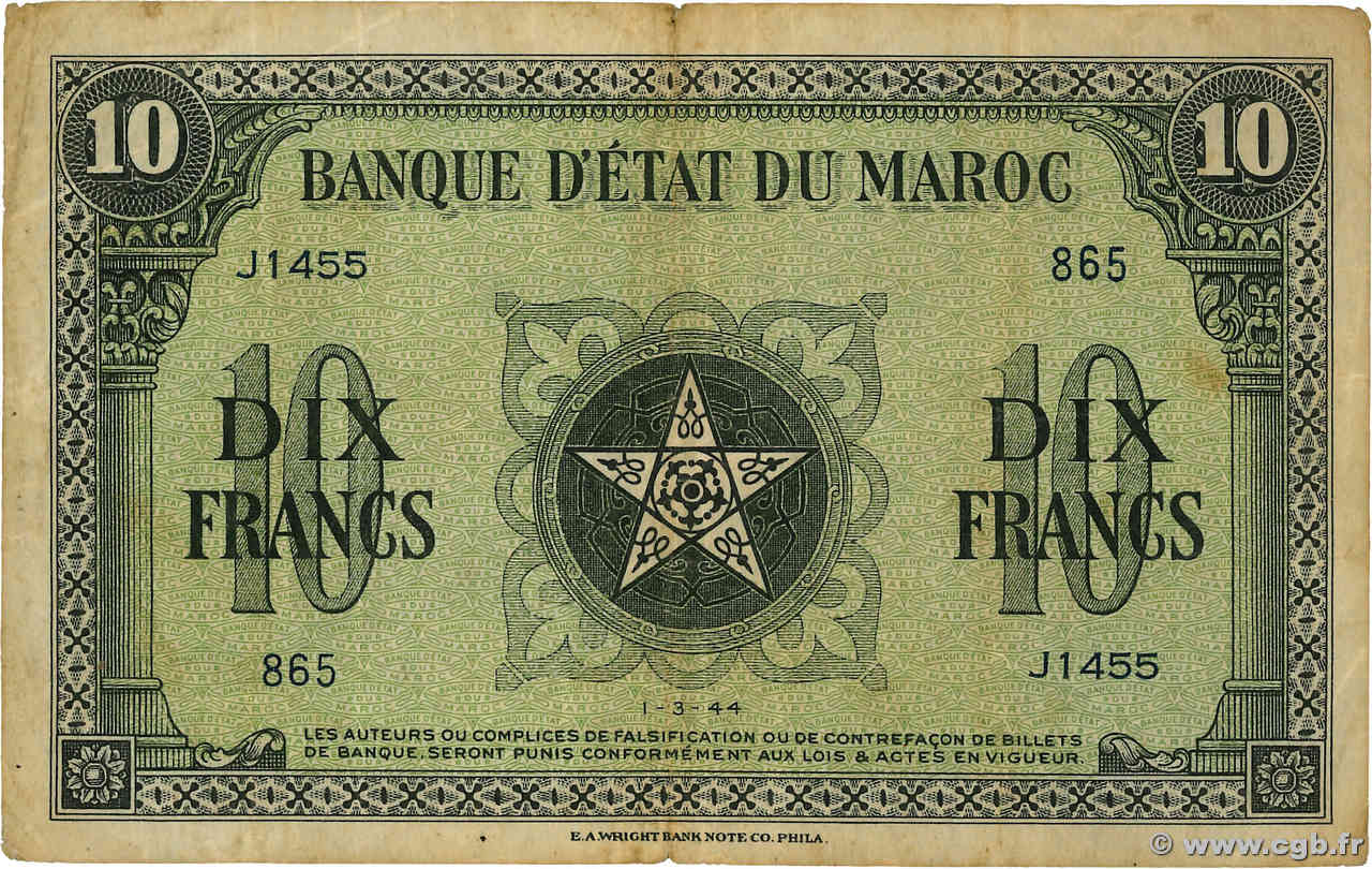 10 Francs MAROC  1944 P.25 TB