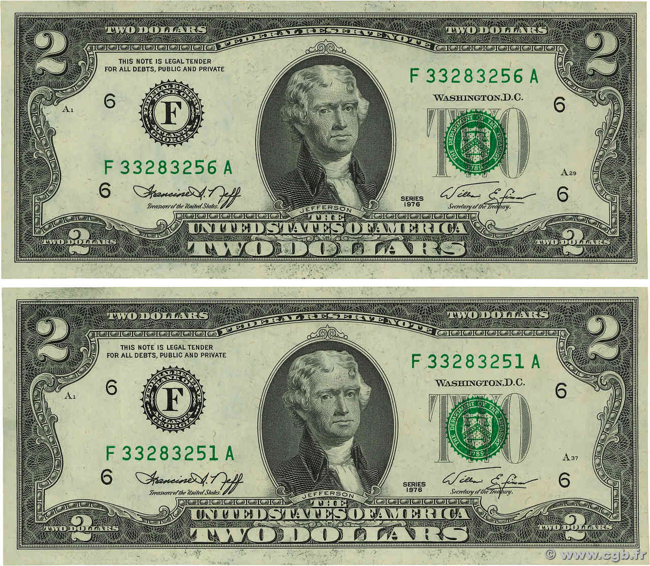 2 Dollars Lot ÉTATS-UNIS D AMÉRIQUE Atlanta 1976 P.461 SPL