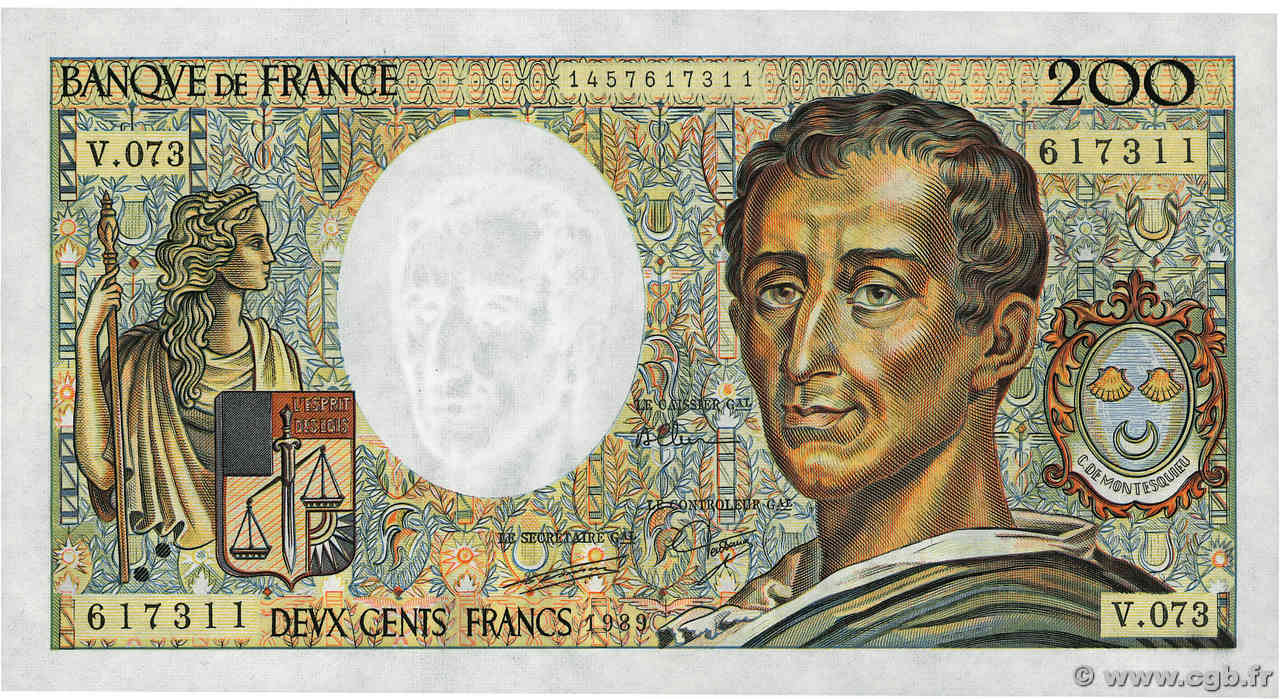 200 Francs MONTESQUIEU FRANCE  1989 F.70.09 AU