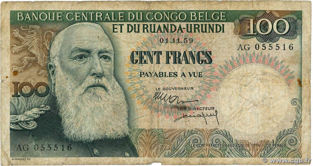 100 Francs BELGISCH-KONGO  1959 P.33b SGE