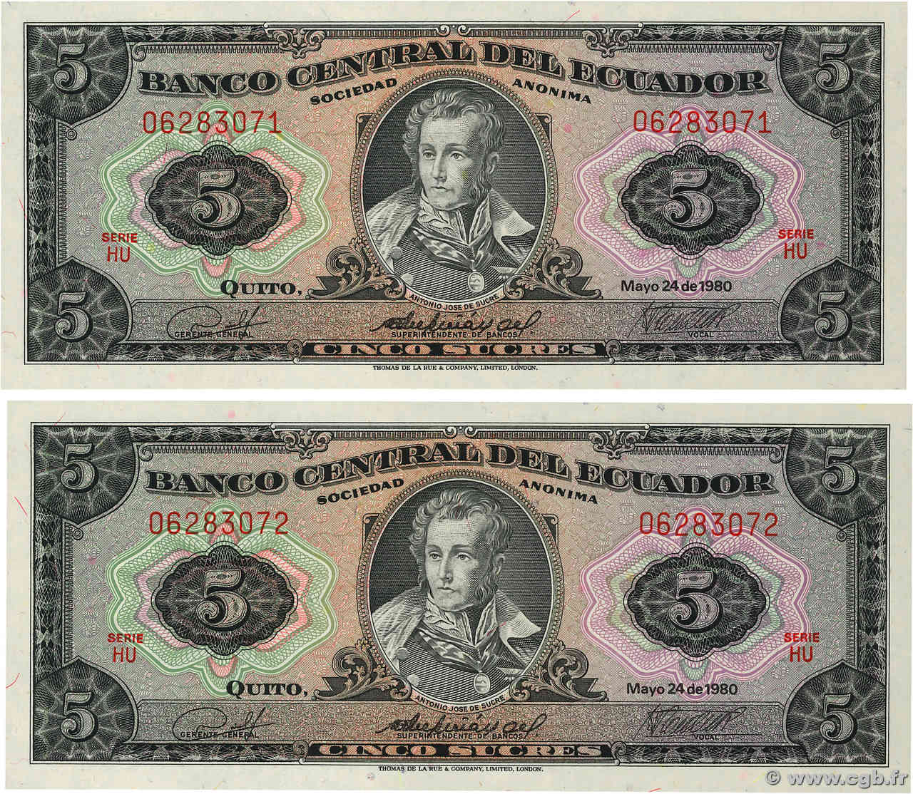 5 Sucres Consécutifs ÉQUATEUR  1980 P.113c NEUF