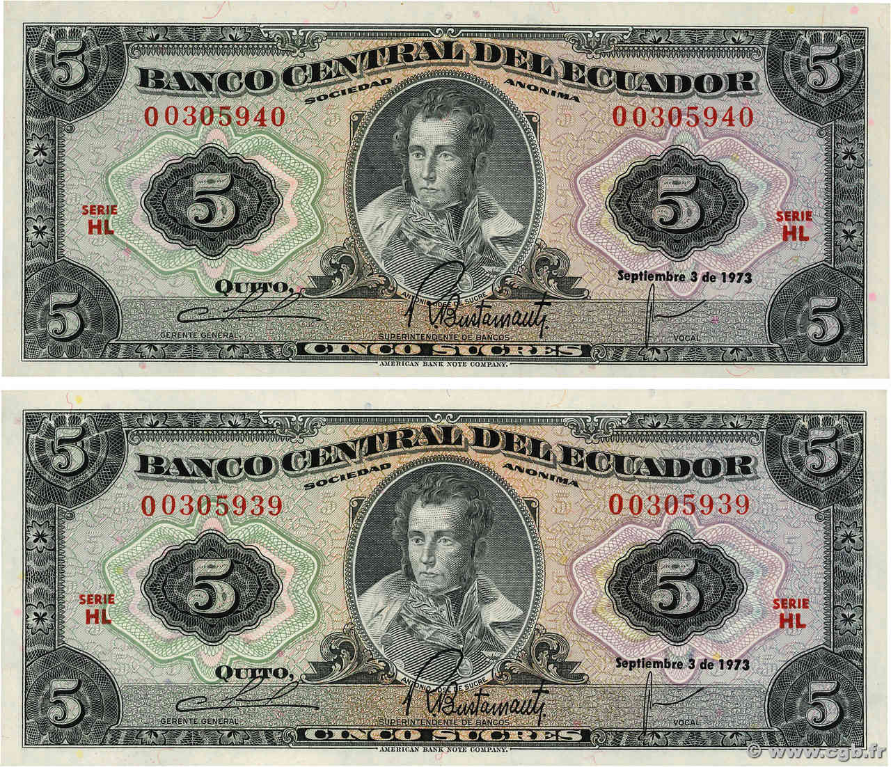 5 Sucres Consécutifs ECUADOR  1973 P.100d UNC