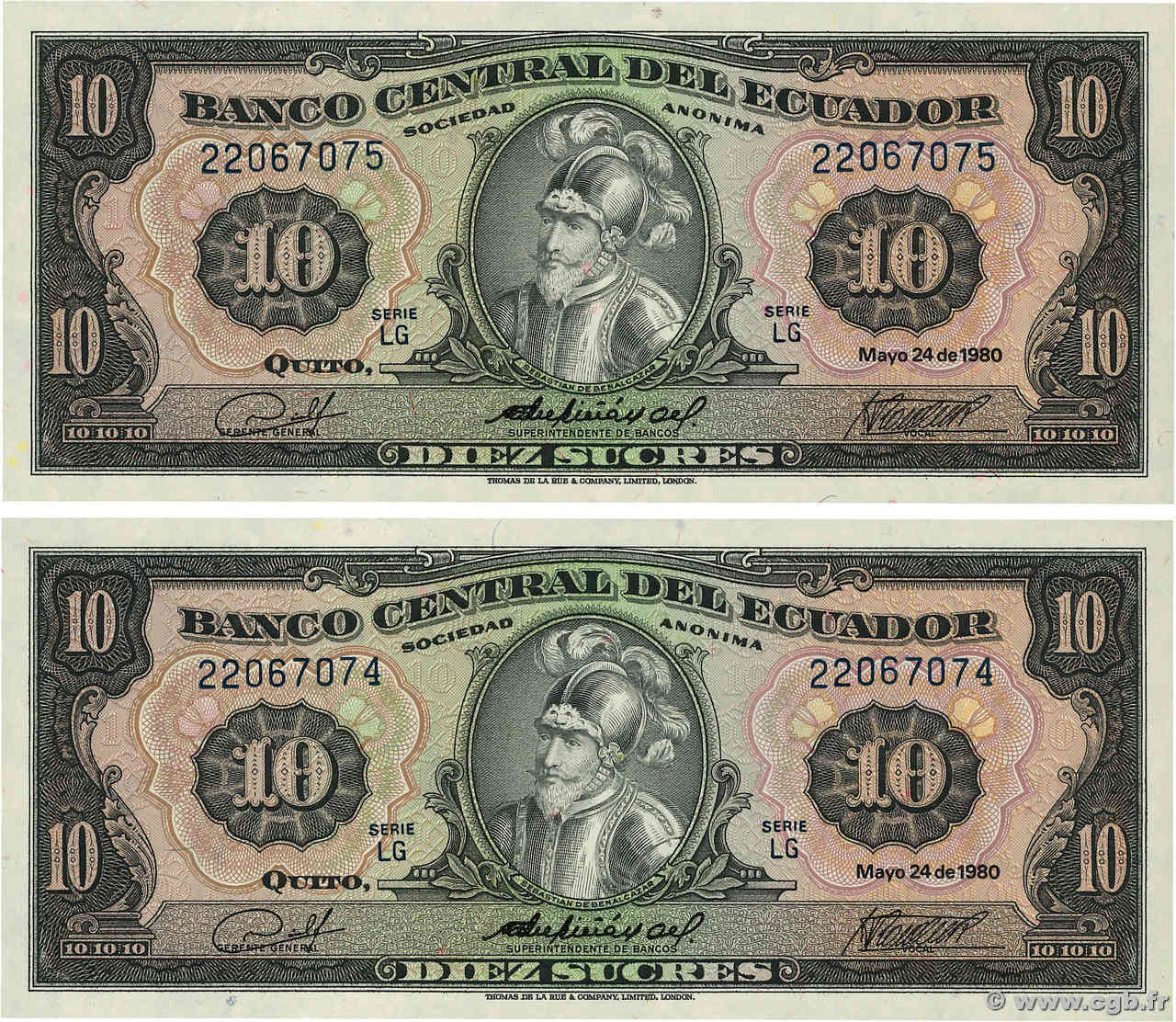 10 Sucres Consécutifs ECUADOR  1980 P.114b UNC