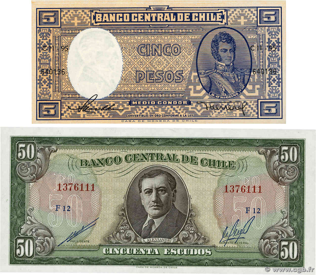 5 Pesos - 1/2 Condor et 50 Escudos Lot CILE  1964 P.119 et P.140b FDC