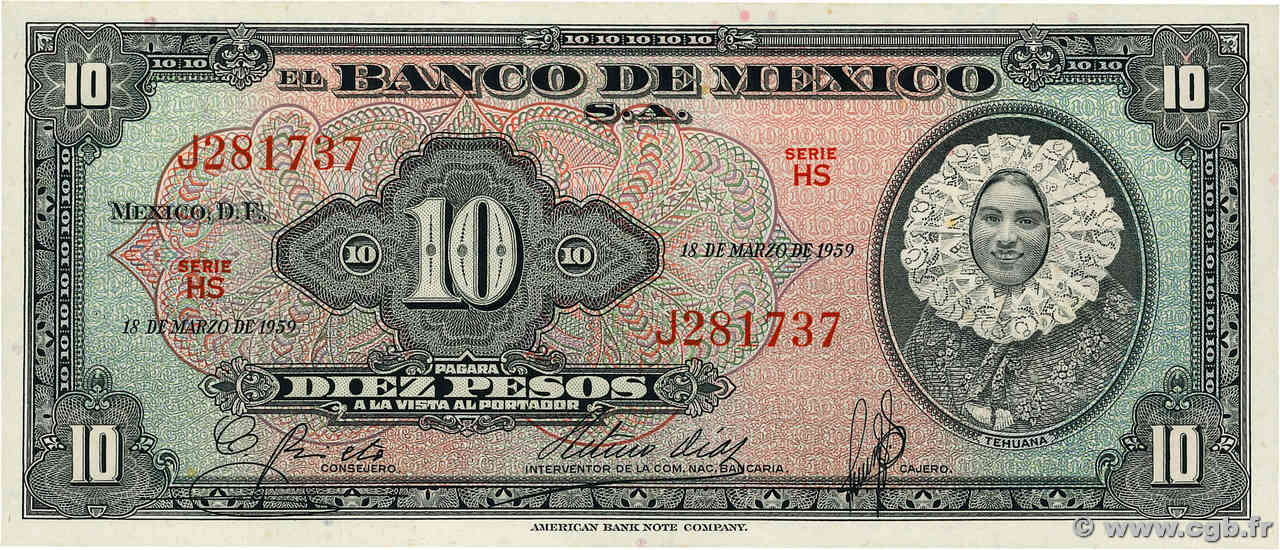 10 Pesos MEXICO  1959 P.058g ST