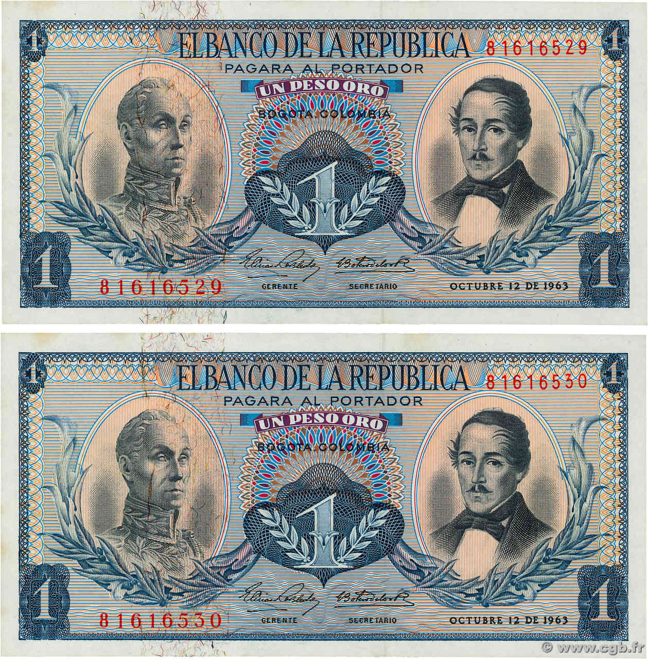 1 Peso Oro Consécutifs KOLUMBIEN  1963 P.404b fST+