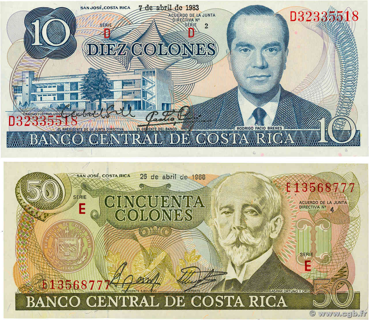 10 et 50 Colones Lot COSTA RICA  1983 P.237b et P.253 pr.NEUF