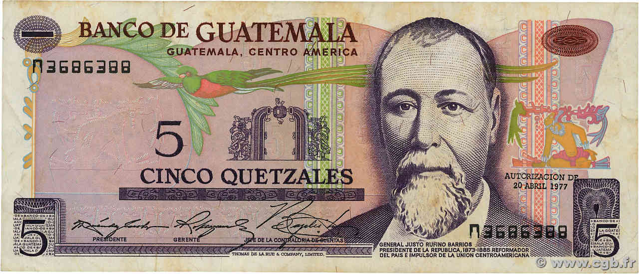 5 Quetzales GUATEMALA  1977 P.060b MB