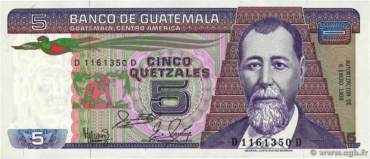 5 Quetzales GUATEMALA  1988 P.067 UNC