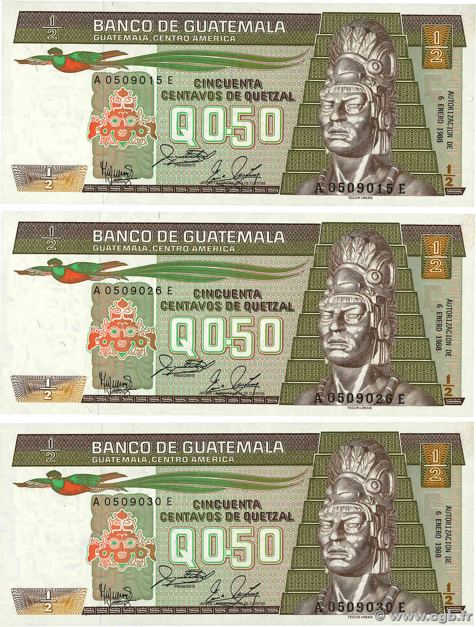 1/2 Quetzal Lot GUATEMALA  1988 P.065 ST