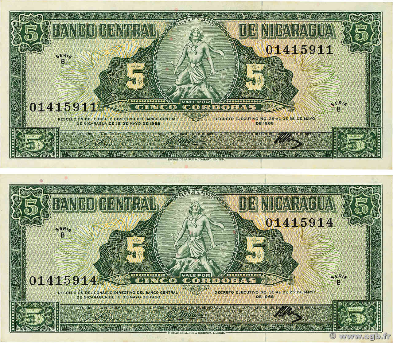 5 Cordobas Lot NICARAGUA  1968 P.116a SPL