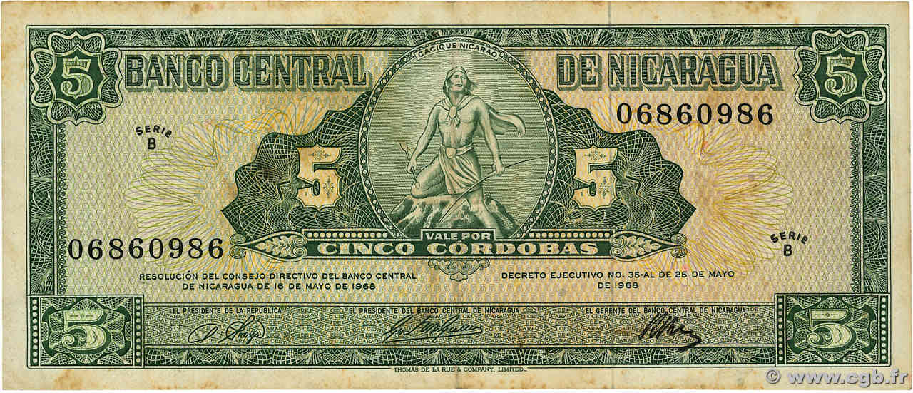 5 Cordobas NICARAGUA  1968 P.116a F