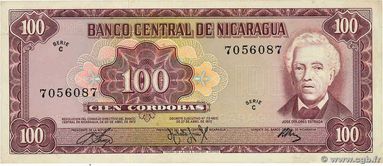 100 Cordobas NICARAGUA  1972 P.126 XF