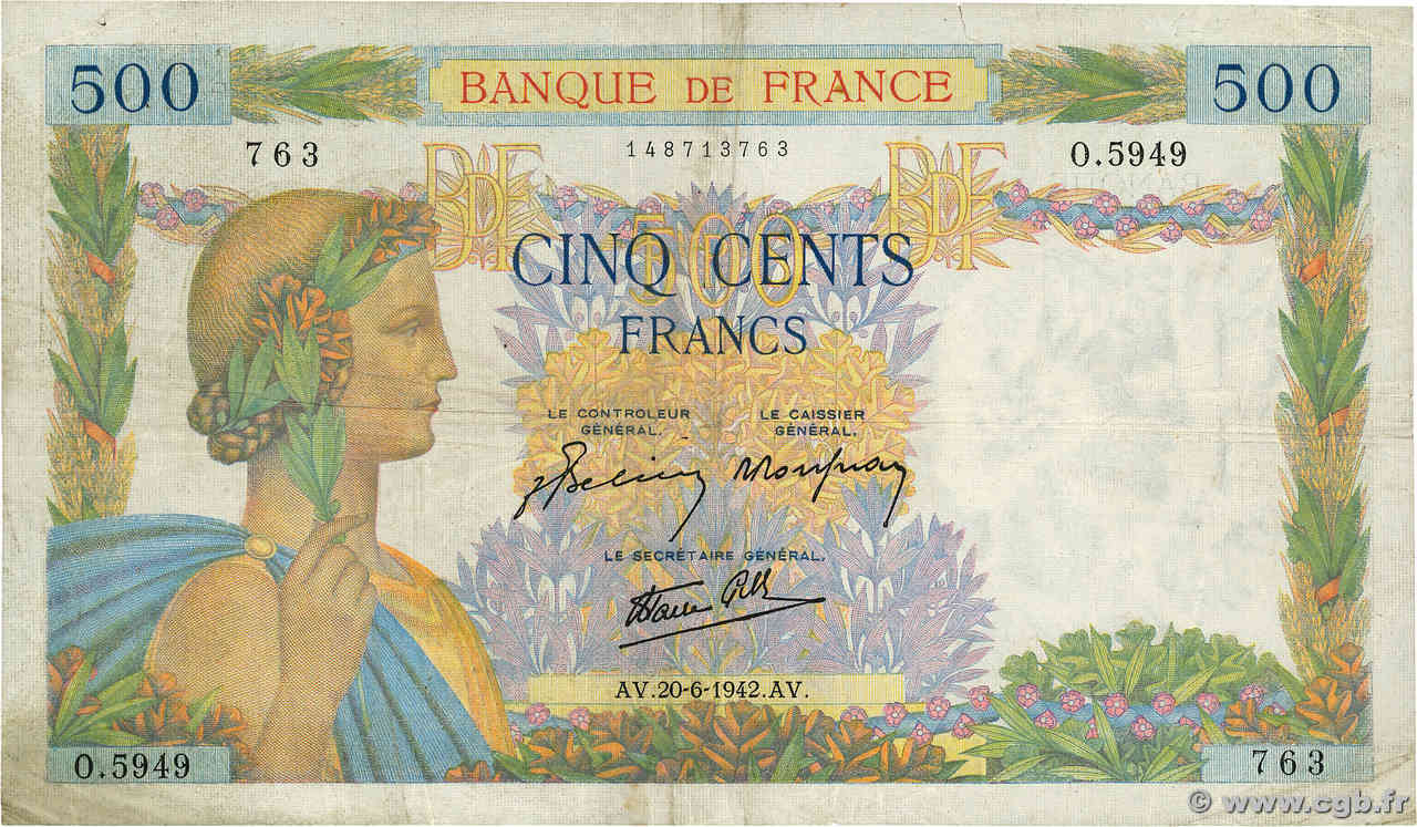 500 Francs LA PAIX FRANCE  1942 F.32.35 TB