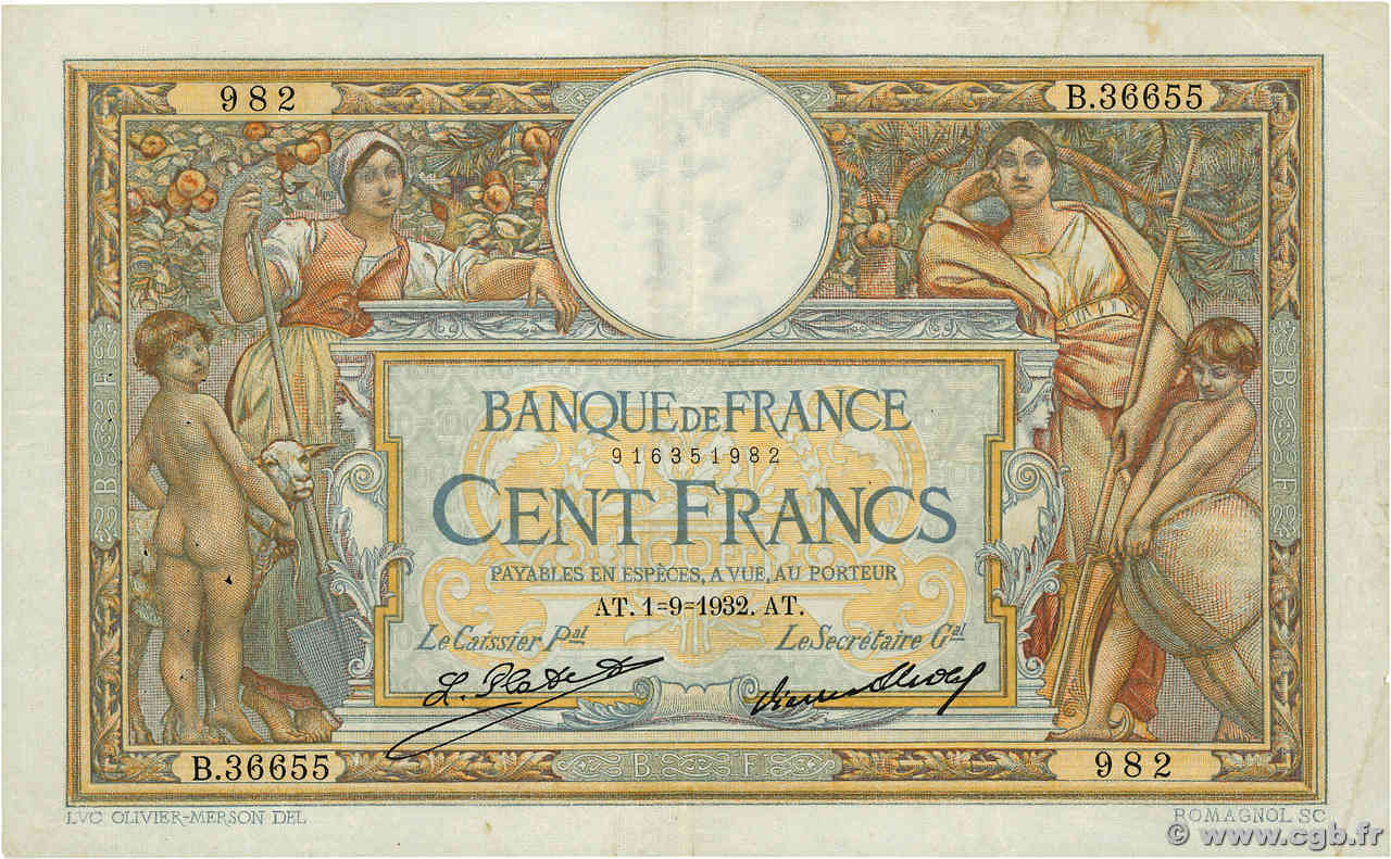 100 Francs LUC OLIVIER MERSON grands cartouches FRANCE  1932 F.24.11 pr.TTB