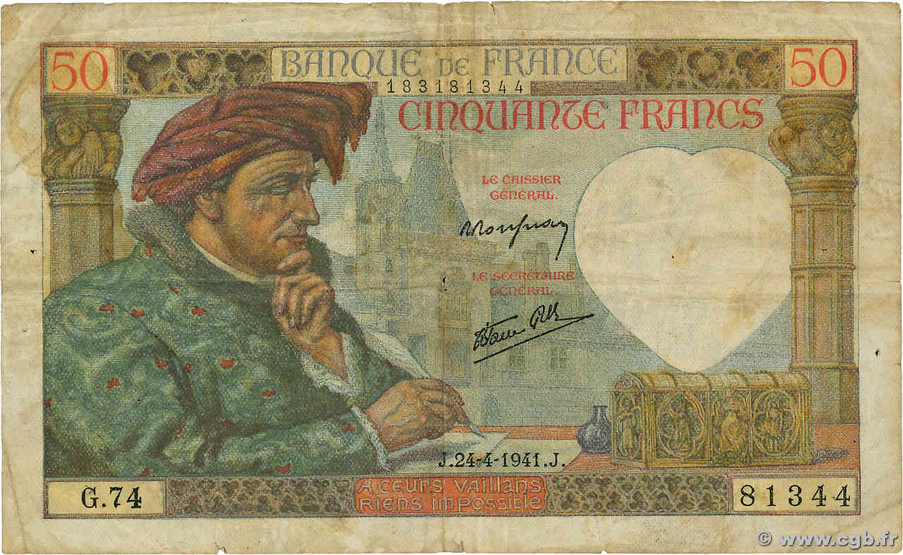 50 Francs JACQUES CŒUR FRANCE  1941 F.19.09 TB