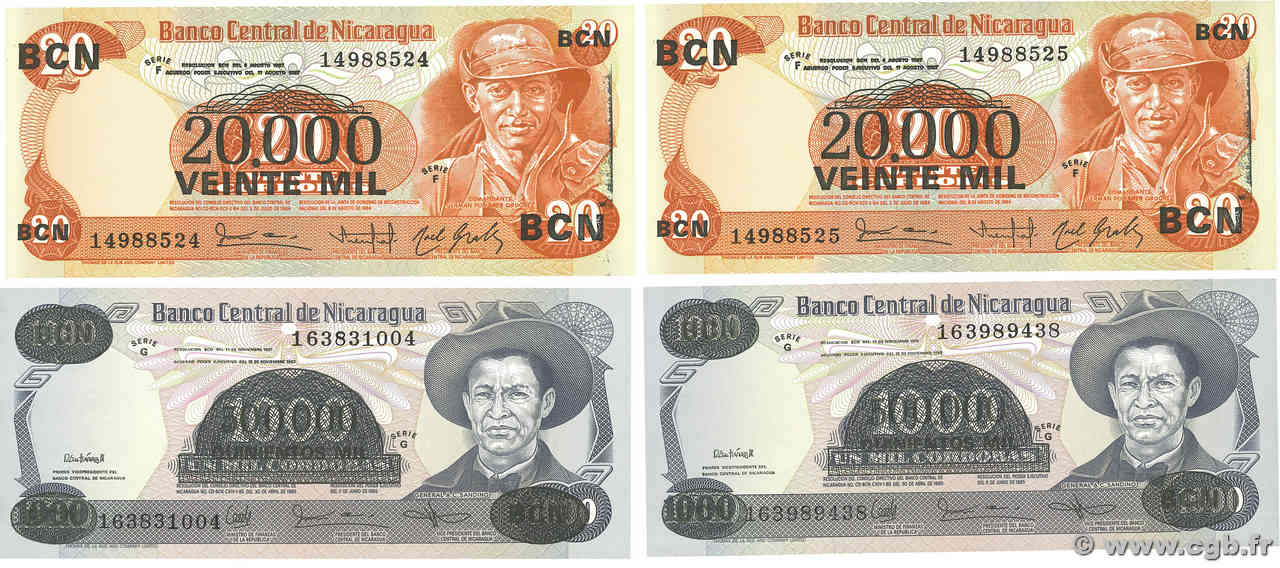 20000 Cordobas sur 20 Cordobas et 500000 Cordobas sur 1000 Cordobas Lot NICARAGUA  1987 P.147 et P.150 q.FDC