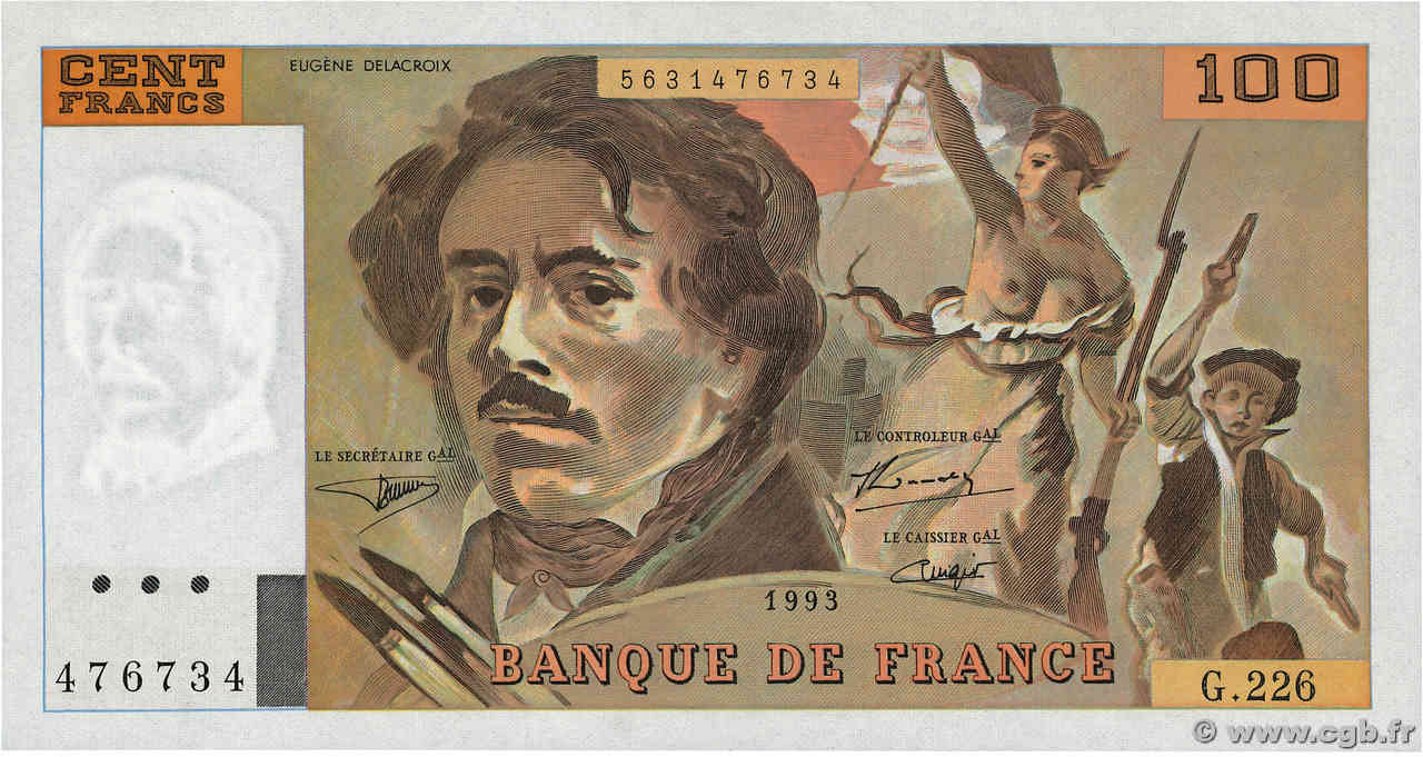 100 Francs DELACROIX imprimé en continu FRANCE  1993 F.69bis.08 SUP+