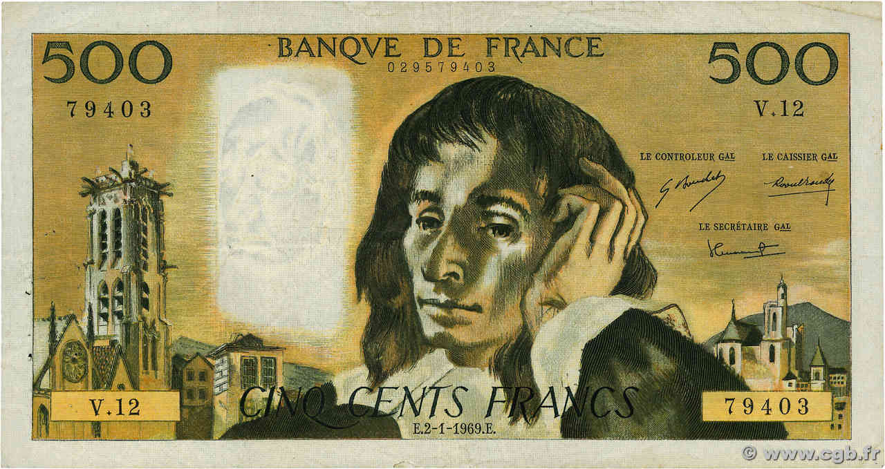 500 Francs PASCAL FRANCE  1969 F.71.03 TB