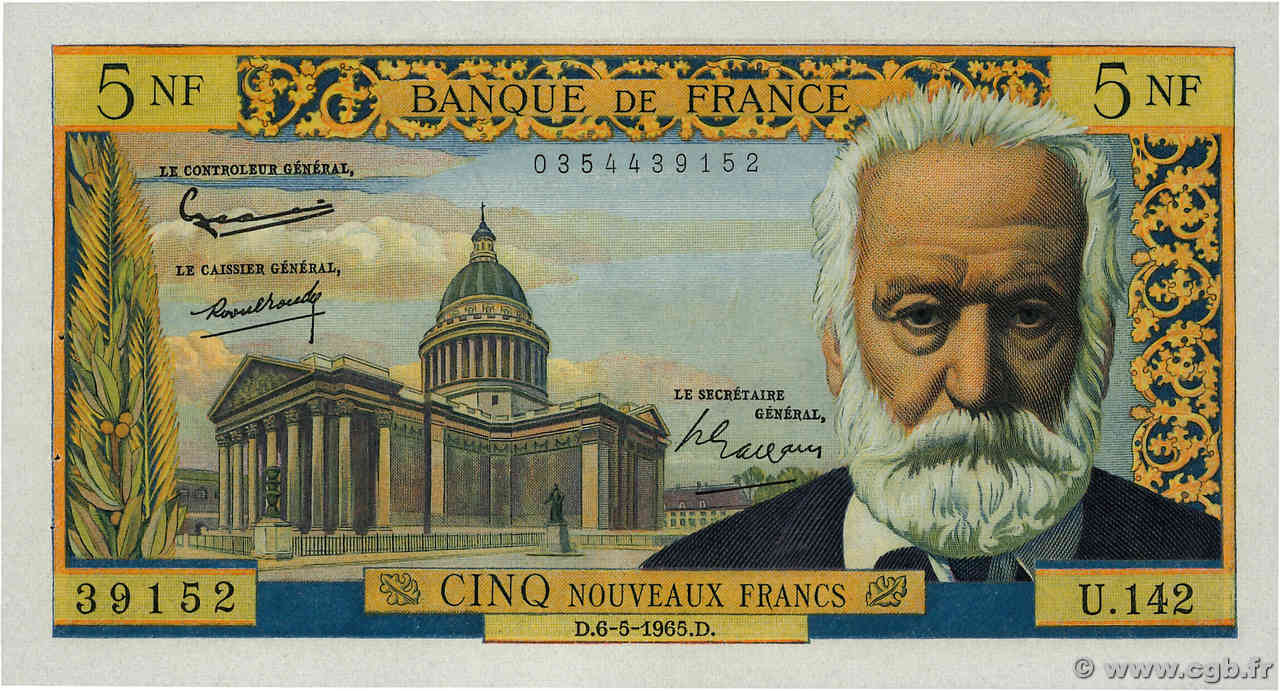 5 Nouveaux Francs VICTOR HUGO FRANCE  1965 F.56.18 pr.SPL